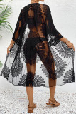 Sexy Solid Color Lace Lace Up Embroidery Swimwears Cover Up