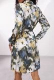 Elegant Splashed ink printing Buckle Contrast Turndown Collar Shirt Dresses
