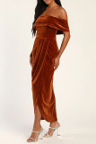 Sexy Solid Color Slit Irregular Zipper Velvet Off Shoulder Evening Dresses