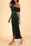 Sexy Solid Color Slit Irregular Zipper Velvet Off Shoulder Evening Dresses
