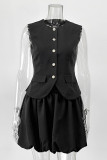 Elegant Solid Color Buttons O Neck Sleeveless Two Pieces