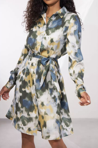 Elegant Splashed ink printing Buckle Contrast Turndown Collar Shirt Dresses