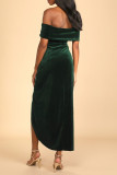 Sexy Solid Color Slit Irregular Zipper Velvet Off Shoulder Evening Dresses