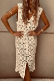Sexy Solid Color Hook Flower Hollow Out Buttons V Neck Sleeveless Dresses