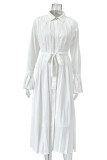 Elegant Solid Color Lace Up Pleated Shirt Collar Pleated Dresses