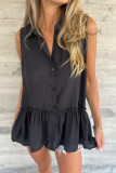 Casual Solid Color Buttons Pleated Flounce Turndown Collar Tops
