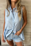 Casual Solid Color Buttons Pleated Flounce Turndown Collar Tops