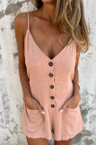 Casual Solid Color Pocket Lace Up Buttons V Neck Loose Rompers