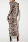 Casual Leopard Contrast Turtleneck Printed Dresses