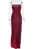 Sexy Solid Color Sequins Slit Sequined Strapless Long Dresses