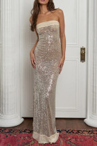 Sexy Solid Color Sequins Slit Sequined Strapless Long Dresses