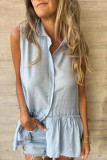 Casual Solid Color Buttons Pleated Flounce Turndown Collar Tops