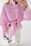 Casual Stripe Buttons Patchwork Turndown Collar Tops