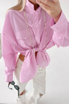 Casual Stripe Buttons Patchwork Turndown Collar Tops