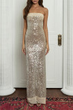 Sexy Solid Color Sequins Slit Sequined Strapless Long Dresses