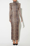 Casual Leopard Contrast Turtleneck Printed Dresses