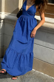 Sexy Solid Color Lace Up Backless Ruffle V Neck A Line Dresses