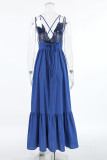 Sexy Solid Color Lace Up Backless Ruffle V Neck A Line Dresses