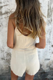 Casual Solid Color Pocket Lace Up Buttons V Neck Loose Rompers