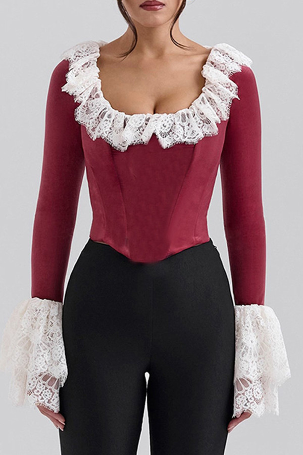 Sexy Solid Color Lace Ruffle U Neck Tops