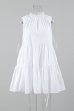 Casual Solid Color Patchwork Ruffle O Neck Sleeveless Dresses