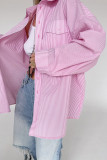 Casual Stripe Buttons Patchwork Turndown Collar Tops