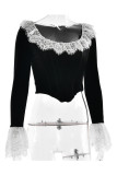 Sexy Solid Color Lace Ruffle U Neck Tops