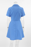Elegant Solid Color Buttons Turndown Collar A Line Short Sleeve Dress