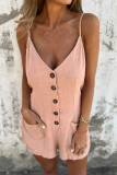 Casual Solid Color Pocket Lace Up Buttons V Neck Loose Rompers