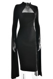 Sexy Elegant Solid Color Slit Zipper Half A Turtleneck Wrapped Skirt Dresses