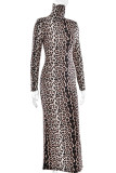 Casual Leopard Contrast Turtleneck Printed Dresses