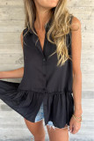 Casual Solid Color Buttons Pleated Flounce Turndown Collar Tops
