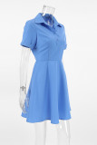Elegant Solid Color Buttons Turndown Collar A Line Short Sleeve Dress