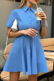 Elegant Solid Color Buttons Turndown Collar A Line Short Sleeve Dress