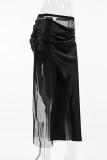 Sexy Lace Ruched Irregular Regular High Waist Straight Solid Color Bottoms