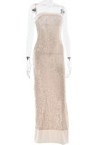 Sexy Solid Color Sequins Slit Sequined Strapless Long Dresses
