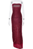 Sexy Solid Color Sequins Slit Sequined Strapless Long Dresses