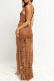 Sexy Solid Color Draw String Slit Tassel Swimwears Cover Up