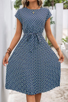 Elegant Rhombus Lace Up Contrast O Neck A Line Short Sleeve Dress