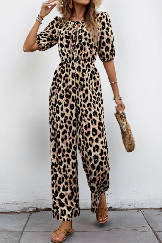 Casual Leopard Print Pocket Lace Up O Neck Loose Jumpsuits