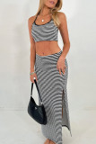 Casual Stripe Patchwork Slit Contrast Halter Sleeveless Two Pieces