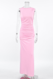 Casual Solid Color Ruched O Neck One Step Skirt Dresses