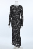 Sexy Solid Color Lace See-Through O Neck Lace Dress Dresses
