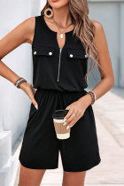 Casual Solid Color Zipper O Neck Loose Rompers