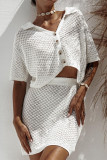 Casual Solid Color Hollow Out Buttons Turndown Collar Short Sleeve Two Pieces