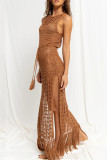 Sexy Solid Color Draw String Slit Tassel Swimwears Cover Up