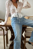 Elegant Flowers Lace Up Flounce V Neck Tops