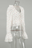 Elegant Flowers Lace Up Flounce V Neck Tops