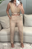 Casual Solid Color Pocket Buttons Mesh V Neck Sleeveless Two Pieces