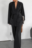 Casual Solid Color Pocket With Belt V Neck Long Sleeve Two Pieces